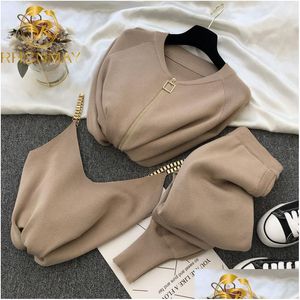 Women'S Two Piece Pants Women Zipper Knitted Cardigans Sweaters Add Pants Sets Vest Woman Fashion Jumpers Trousers 2 Pcs Costumes Out Dhxp0