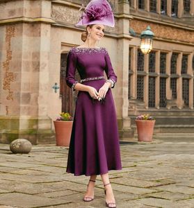 Elegant Grape/Purple Mother of the Bride Dress 2024 Jewel Neck 3/4 Sleeves Wedding Guest Party Gowns Beads Tea-Length A-Line Robe De Fete De Mariage