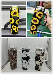 Tumblers 40oz rostfritt stål 3D -tryckning tumlare med handtag lock halm mjölk ko cheetah subflower stor kapacitet vatten flaska utomhus campin