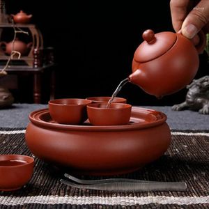 TeAware Setleri Seyahat Çay Seti Kırmızı Depolama Çantası Taşınabilir Mor Kum Kupası Pot Seramik Yuvarlak Tepsi Edenleri 7 Parça