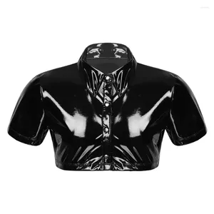 Mäns casual skjortor herrar glansiga pvc läder vänd ner krage kort ärmskörd tops knapp-up glänsande t-shirts latex våtlook