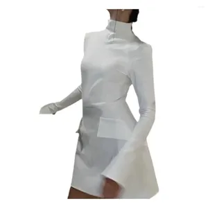 Casual Dresses Women Mini Dress Half High Collar Long Sleeve Flap Pockets Slim Fit Short Elegant