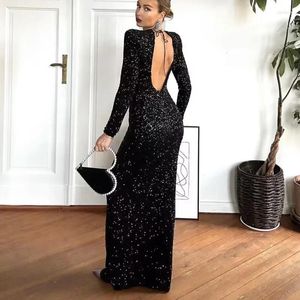 Sukienki na co dzień jesień cekinowa cekinowa moda w stylu vintage Backless z długim rękawem imprezowy wieczór elegancki i ładny