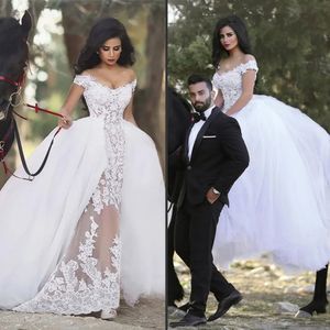 مذهل 2024 غمد من فستان الزفاف الدانتيل الكتف مع تنورة قابلة للفصل Vestidos de Festa Curto E Elegante Para Casamento