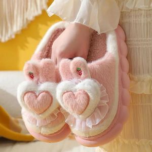 Tofflor bomullskvinnor 2023 Autumn Winter Tjock Soled Plush Shoes Heart Warm Inhoor Outdoor H