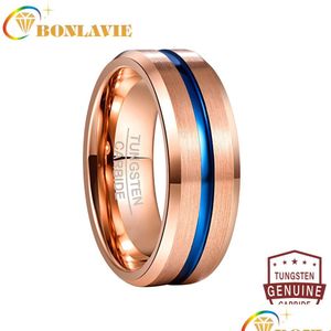 Band Rings Bonlavie 8mm Bredd Tungsten Carbide FL Rose Gold Blue Groove Angle Wedding Steel Mens 221119 Drop Delivery Dh6tn