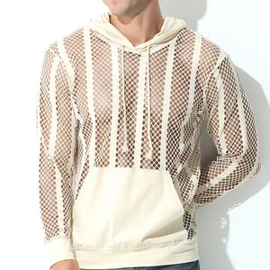 Männer Mesh Kapuze -Sweatshirts sexy Fishet durch Sport atmungsaktiven Taschenhodies Hemden Langarm kausale lose T -Shirts 231220