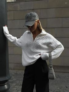 Kobiety swetry biały kabel zakaz zamek błyskawicznego Klapel Kobiet Sweter Zagrzewództwo ramię długie rękawie pullover 2023 Autumn Chic Casual