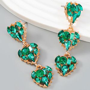 Dangle Earrings Fashion Multilayer Deep Green Rhinestone Love-shaped Long Drop For Women Female Exaggerated Pendant Jewelry