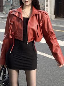 Women's Leather Korean Red Cropped Jacket Women Streetwear Zipper Moto Biker Winter Outwear High Street Faux Coat