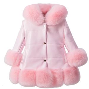 Winter Children Warm Faux PU Leather Fur Coat Hooded Warm Outerwear Thicking Baby Kids Autumn Girl Faux Fur Collar Clothes 231221