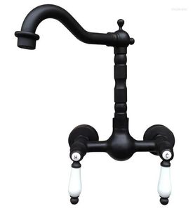 Faucets Bathroom Sink Faucets Black Oil Rubbed Brass Kitchen Basin Faucet Mixer Tap Swivel Spout Wall Mounted Dual Ceramic Handles Mnf523