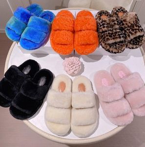 Designer Women Leopard Slifor Muli di lana Slide Pink Bianco Black inverno Black Fruffy Furry Brand Sandals Calmi Slide Fuzzy Flip Flop Flat Bottom S R54R#