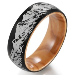 8mm Cascade Mountains Scene Ring Wooden Mens Wedding Band Black Olive Anniversary 231220