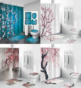 Cortinas de chuveiro flor de ameixa impresso cortina do banheiro conjunto antiderrapante tapetes tampa do toalete e tapete banho flor sets5198979