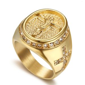 Hip Hop Jewelry Iced Out Jesus Cross Ring Gold Color rostfritt stålringar för män Religiösa Drop Bague Homme S 231220