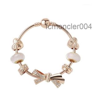 Moda Orijinal Pandoras 925 Gümüş Gül Altın Cam Parlak Yay Bilezikler Bangles Set DIY Mücevher Cazibe Boncukları Tatil Hediyesi Bang2197 I101