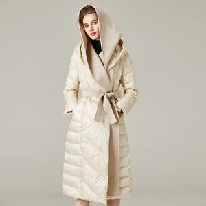 Veste longue en duvet de canard blanc pour femme, manteau épais à capuche, épissé rouge, grande taille, automne et hiver