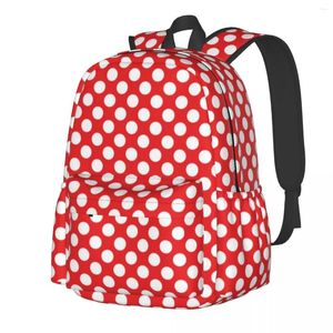 Mochila vintage 80s feminino vermelho e branco bolinhas durável mochilas poliéster moderno sacos de ensino médio diário personalizado