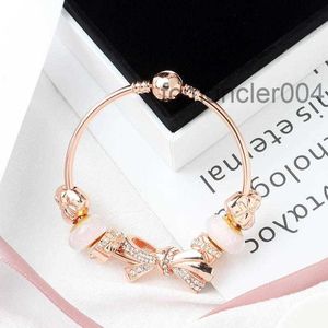 Mode Original Pandoras 925 Silver Rose Gold Glass Brilliant Bow Armband Bangles Set Diy Jewelry Charm Beads Holiday Gift Bang247m Yimh