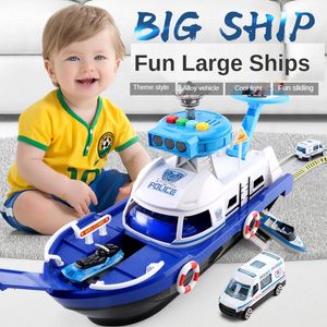 Simulação Trilha de inércia de barco com veículos Definir Music Lights Transporte de armazenamento Modelo de estacionamento de carros Toys Kids 231221