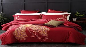 4Viece Red Egyptian Cotton Luxury Wedding Bedding 세트 King King Queen Size 침대 덮개 세트 침대 시트 이불 덮개 베개 4293991