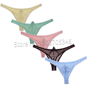 Men's Sheer Lace G-string T-Back Thong Bikini Underwear Rhombus Pouch Bikinis Pants Low Waist Lingerie Mesh Breathable Tangas