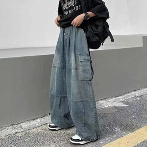 Vintage byxor y2k baggy jeans för män breda ben byxor fickor elastisk midja streetwear mode casual lös bekväma byxor 231220