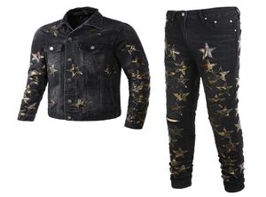 Black Tracksuits Ripped Star Patch Men039s 2 Piece Sets Fashion Slim Denim Jacket Matching Stretch Skinny Jeans Spring Worn Hol7446048