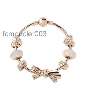 Mode Original Pandoras 925 Silver Rose Gold Glass Brilliant Bow Armband Bangles Set Diy Jewelry Charm Beads Holiday Gift Bang2197 4Fok