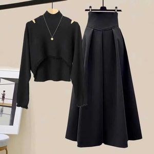 Zweiteiliges Kleid 2023 Herbst Winter Rock Sets für Frauen Outfits koreanische lässige Strickwaren Pullover Pullover und hohe Taille Röcke zweiteilige SetsL231026