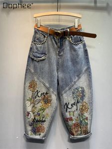 Jeans tunga hantverk nitar färgtryck strass denim harem byxor kvinnlig 2022 vår sommar ny ljusblå beskurna löst baggy byxor