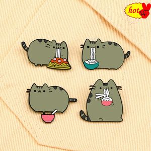 Fat Cat Eating Noodles Enamel Pins Cartoon Animal Broochs Women Men Jeans Coat Lapel Pin Badge Jewelry Gift for Friend Wholesale