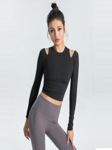 Joga T-shirt Nave Exposcing Sports Long-Sleeved Yoga Outfits damskie elastyczność i cienkie rajstopy Topy Szybkie suszące koszulki Ubrania fitness1358718
