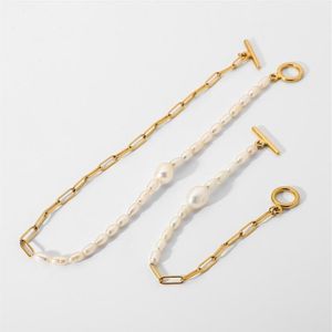 Link Chain 18K Gold Plated Stainless Steel Bracelet Necklace For Women Half Freshwater Pearl OT Stick Buckle Chokers Jewelry289P