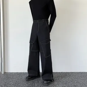 Männer Hosen Herbst Männer Solide 3D Taschen Jogger Einstellbare Kordelzug Lose Streetwear Gerade Breite Bein Hosen Casual Lange