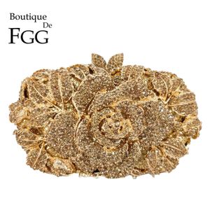 Boutique de FGG Women Gold Flower Clutch Evening Minaudiere Väskor Bridal Wedding Handväskor Formella parti Rhinestones Floral Purses 231220