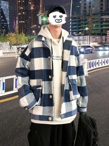 Gmiixder Kış Hip Hop Yünlü Ceket Erkekler Kısa Hong Kong Stil Trendi Ceket Gevşek Yakışıklı Gençlik Yakası Ekose Kalınlaştırılmış Ceketler 231220