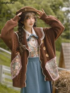 Vintage Preppy Style Cardigans Women Sweet Girl Floral Cartoon Maillard Sweater Knitting Young Lady Worbgy Coats Y2K Owewear INS 231221