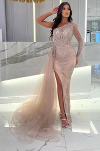Long Memaid Beautiful One Shoulder Satin Lace Formal Prom Dresses Detachable Tulle Skirt High Split Evening Gowns Women Ocn Vestidos