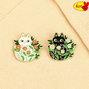 Cartoon White Black Cat with Flower Brooches Women Elegant Enamel Pins for Party Friendship Animal Lapel Pin Badge Jewelry Gift