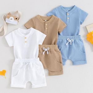 Kleidungssets Baby-Sommerkleidung für Kinder Junge Feste Waffel Kurzarm-Knopf-Bodys Hohe Taille Shorts Set Trainingsanzüge Kleinkind