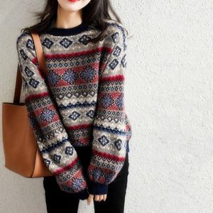 Kadın Sweaters Sonbahar/Kış Moda Kore Edition Renk Blok Yuvarlak Boyun Üst Gevşek ve Çok Yeri Batı Öğrenci Örme Sweater