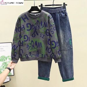 Modezeitalter reduziert Frühlings- und Herbst -Set Frauen großer 2024 gedruckter Pullover vielseitiger elastischer Denim Harlan Pants 231220