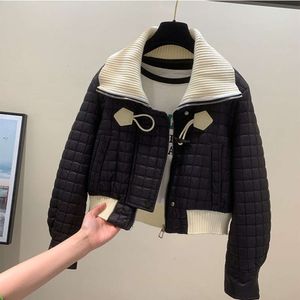 coat trapstar European Fashion Knitted Large Lapel Short 2022, New Diamond Grid Contrasting Color Down Cotton Jacket for Women in Winter