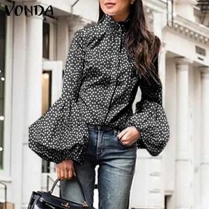 Blouse Sexy Puff Sleeve Polka Dot Print Shirts Women Tops VONDA Long Sleeved Stand Collar Button Up Blouse Blusas Femininas