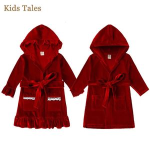 Natal crianças bebê meninas menino sleepwear vermelho veludo manga longa com capuz cardigans casacos com bolso criança pijama conjunto 231220