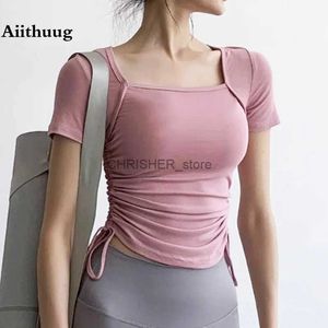 Yoga -Outfit Aiithuug Yoga Tops Slim Taille Draw String Fitnesshemd Workout Tops Golf Fitness Active Yoga tragen Yoga Crop Top Sports Wäschel231221