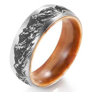 8mm Mountain Scene Ring Brushed Wood Mens Wedding Band Olive Pure Anniversary 231220