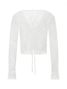 Women's Blouses Women Sexy Y2k Long Sleeve Lace Shirt Sheer See Through Front Tie Up V Neck Tshirt Bodycon Tight Floral Blouse